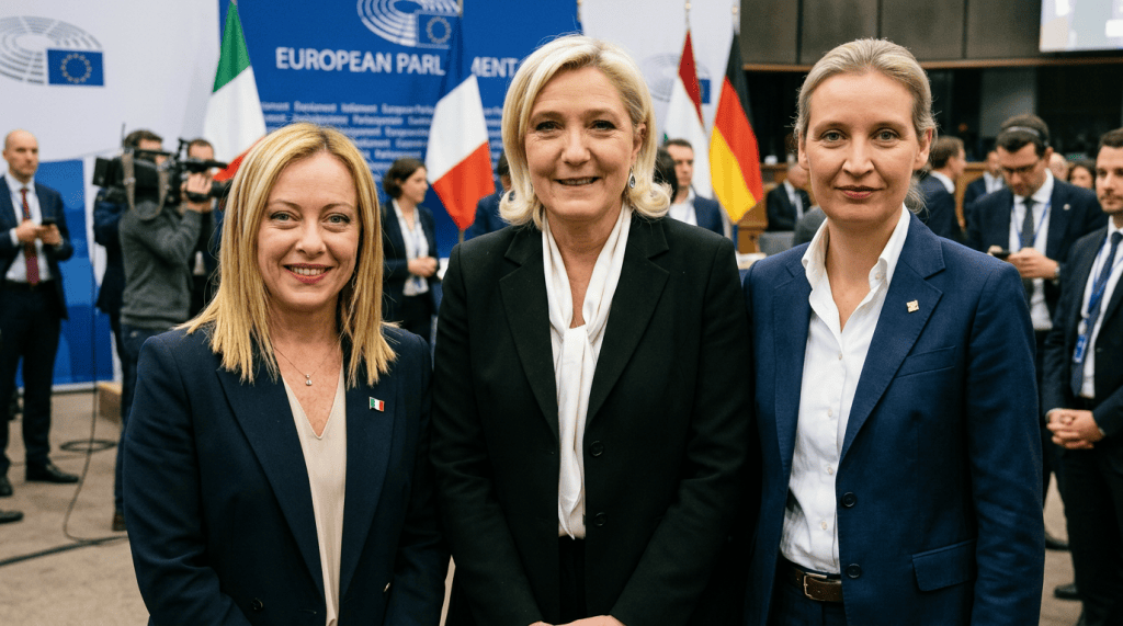 Three women pose at the European Parliament beneath signage reading “EUROPEAN PARLIAMENT,” with flags behind them.